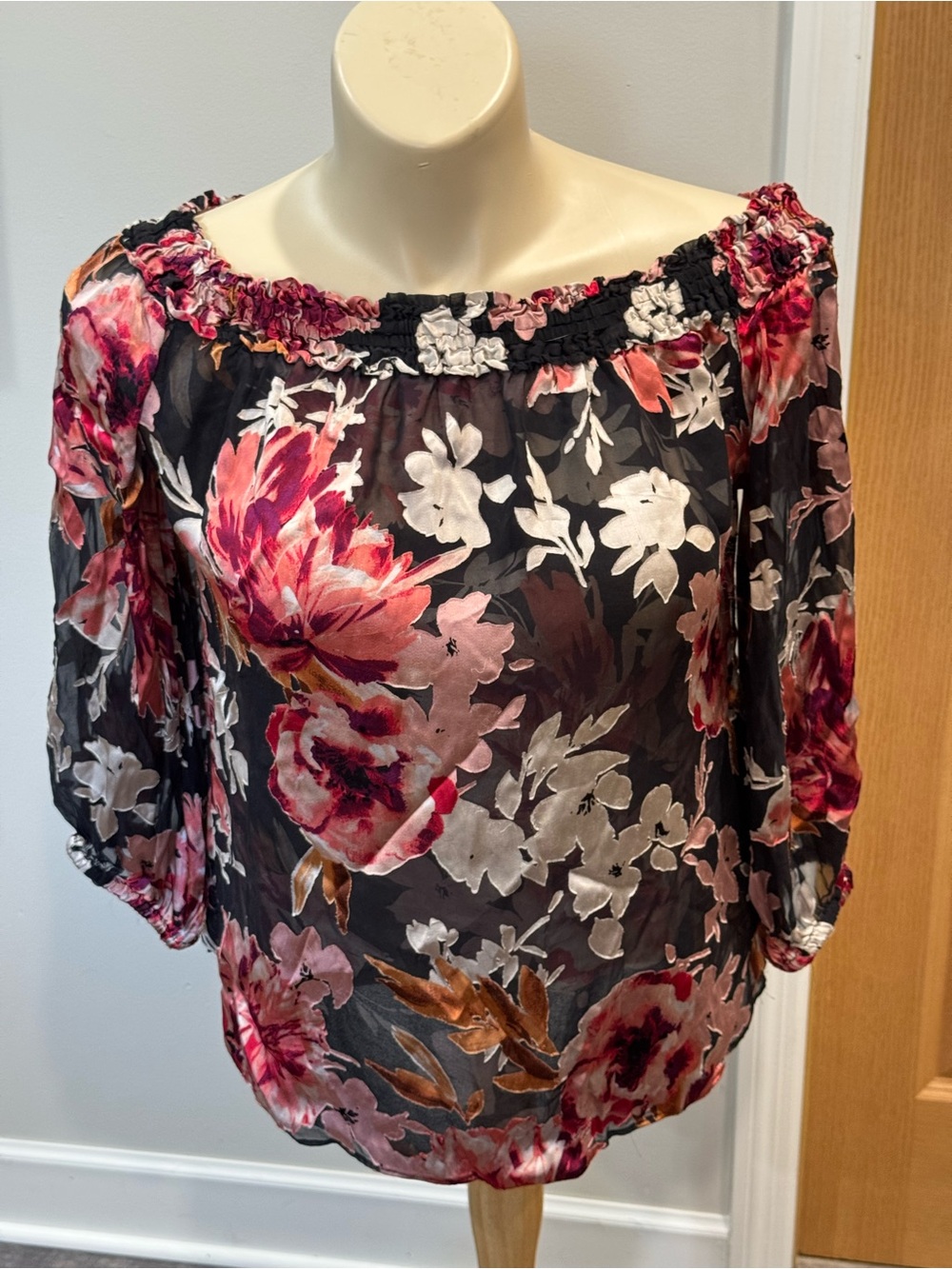 White House Black Market Black Floral Off-Shoulder Blouse